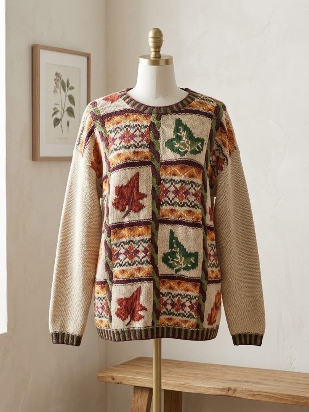 Vintage Lizwear Hand Knit Linen Cotton Leaf Sweater Large | Cabincore